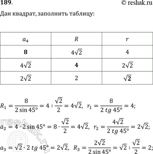 Изображение 189. Пусть a4 — сторона квадрата, R и r — соответственно радиусы описанной и вписанной его окружностей. Заполните таблицу (длины даны в...